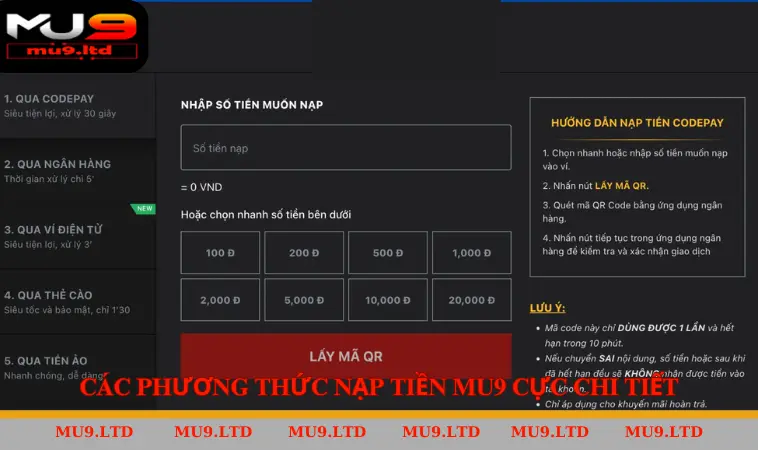 Các phương thức nạp tiền MU9 cực chi tiết